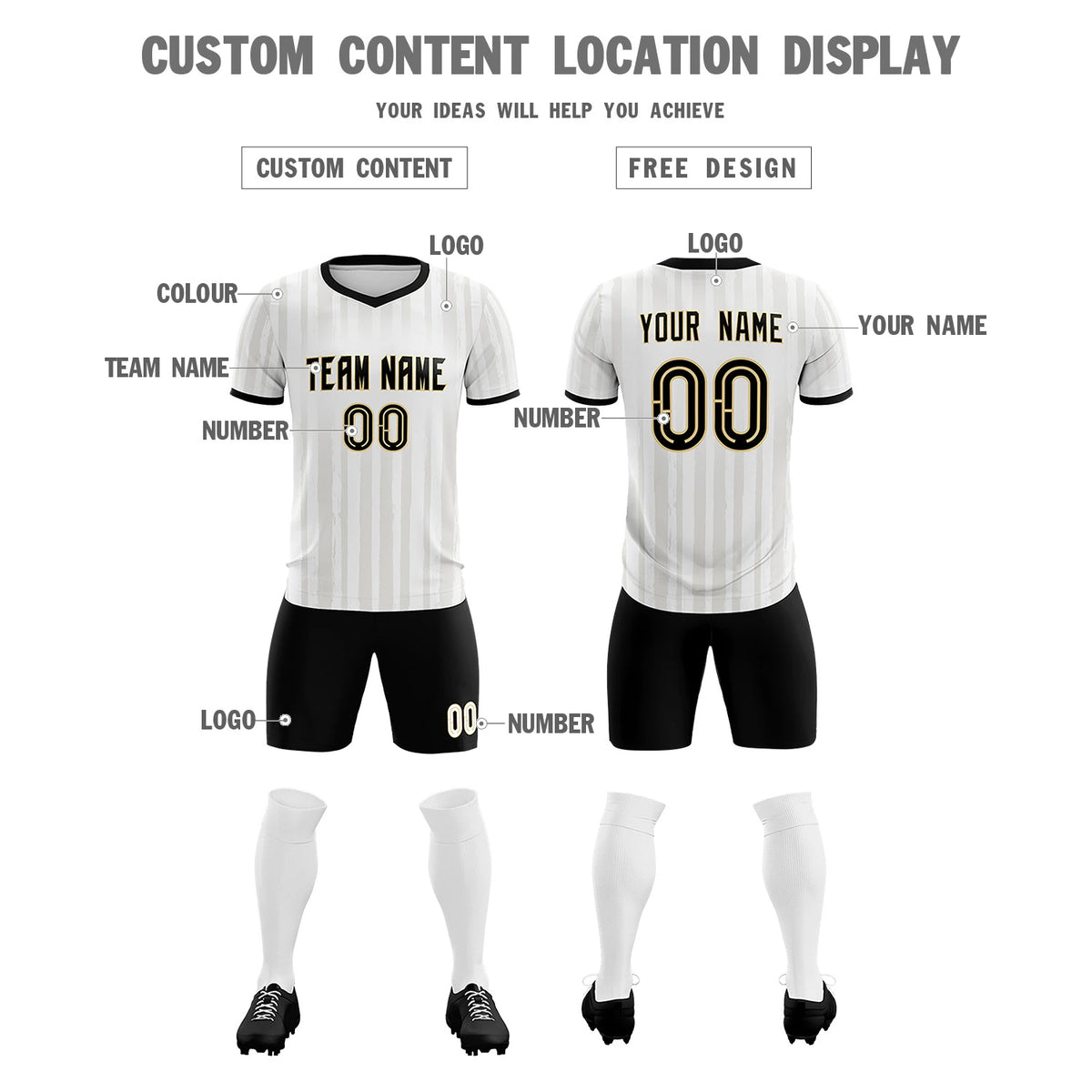 Custom White Black Breathable Soccer Sets Jersey