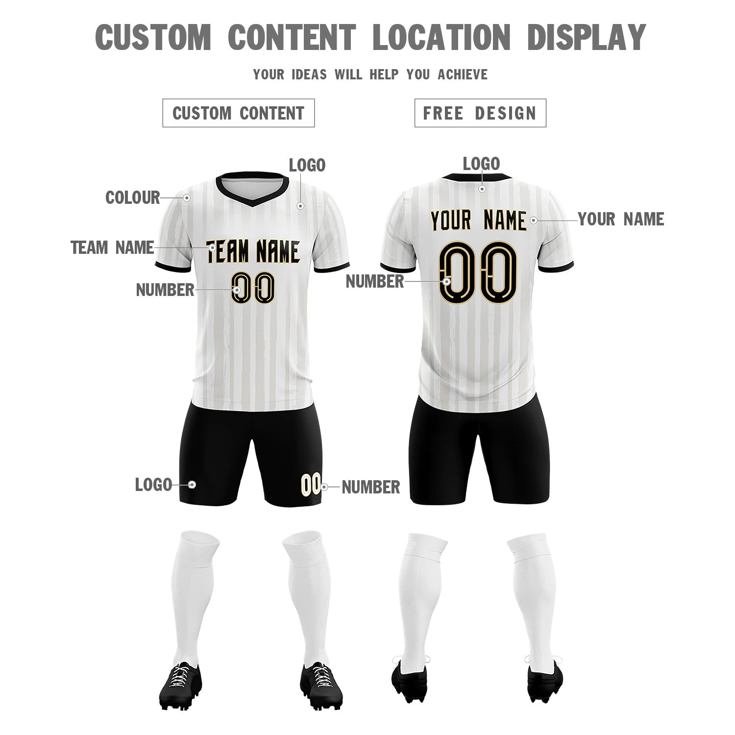 Custom White Black Breathable Soccer Sets Jersey