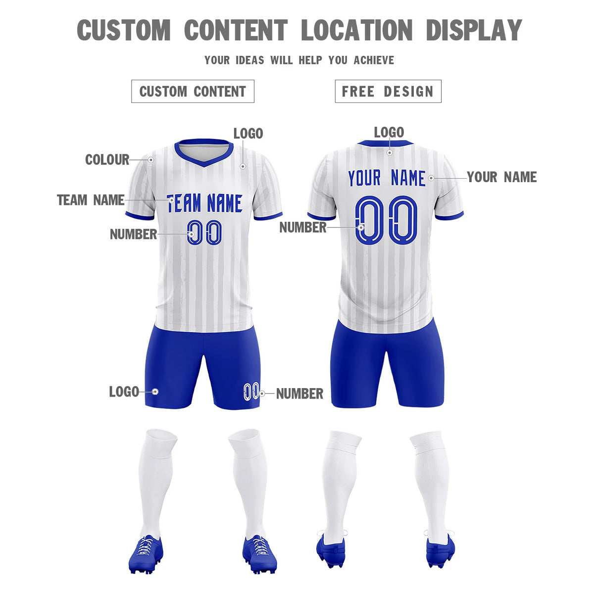 Custom White Royal Blue Breathable Soccer Sets Jersey