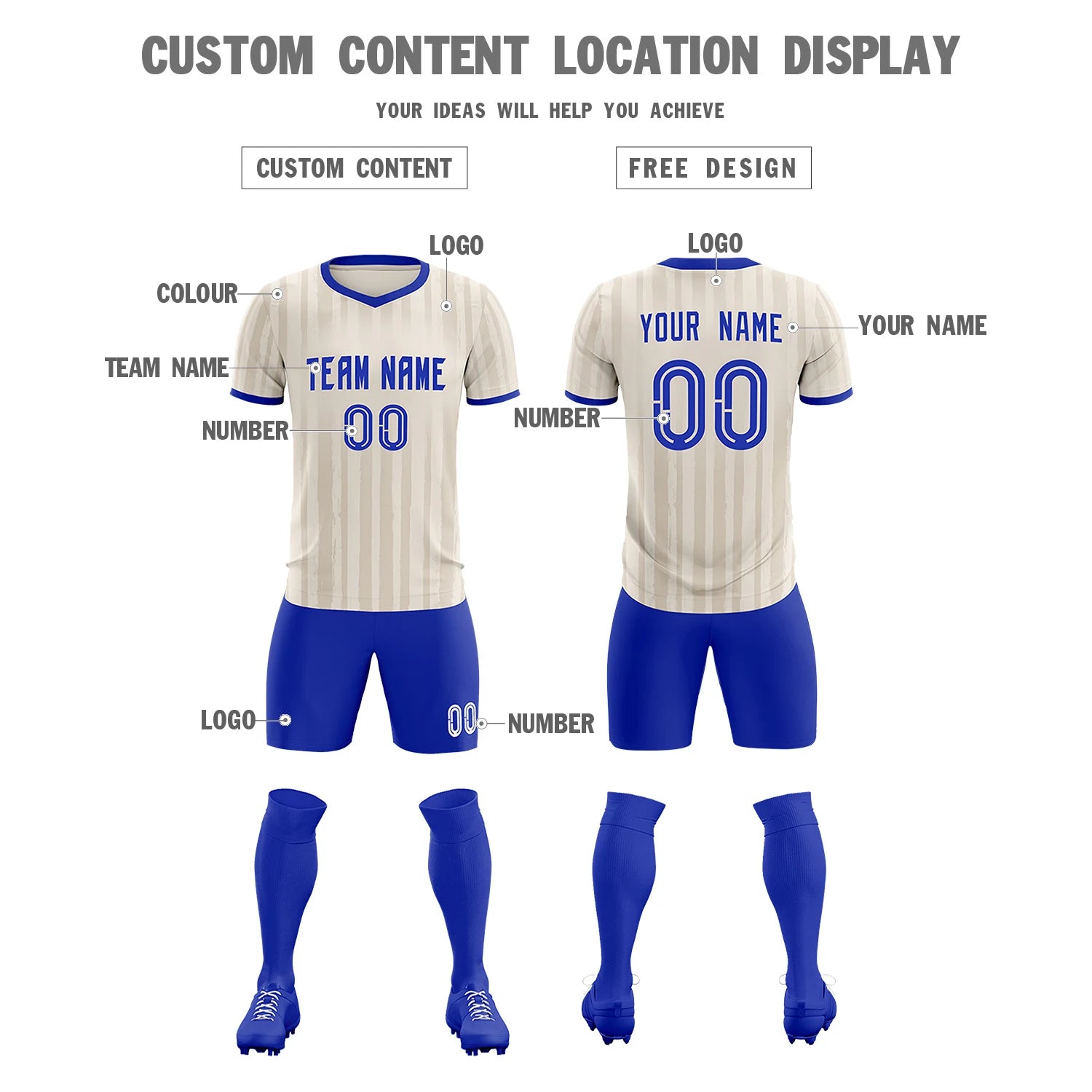 Custom Khaki Royal Blue Breathable Soccer Sets Jersey