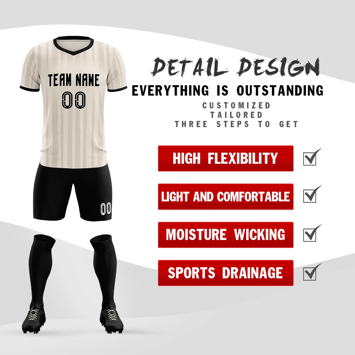 Custom Khaki Black Breathable Soccer Sets Jersey
