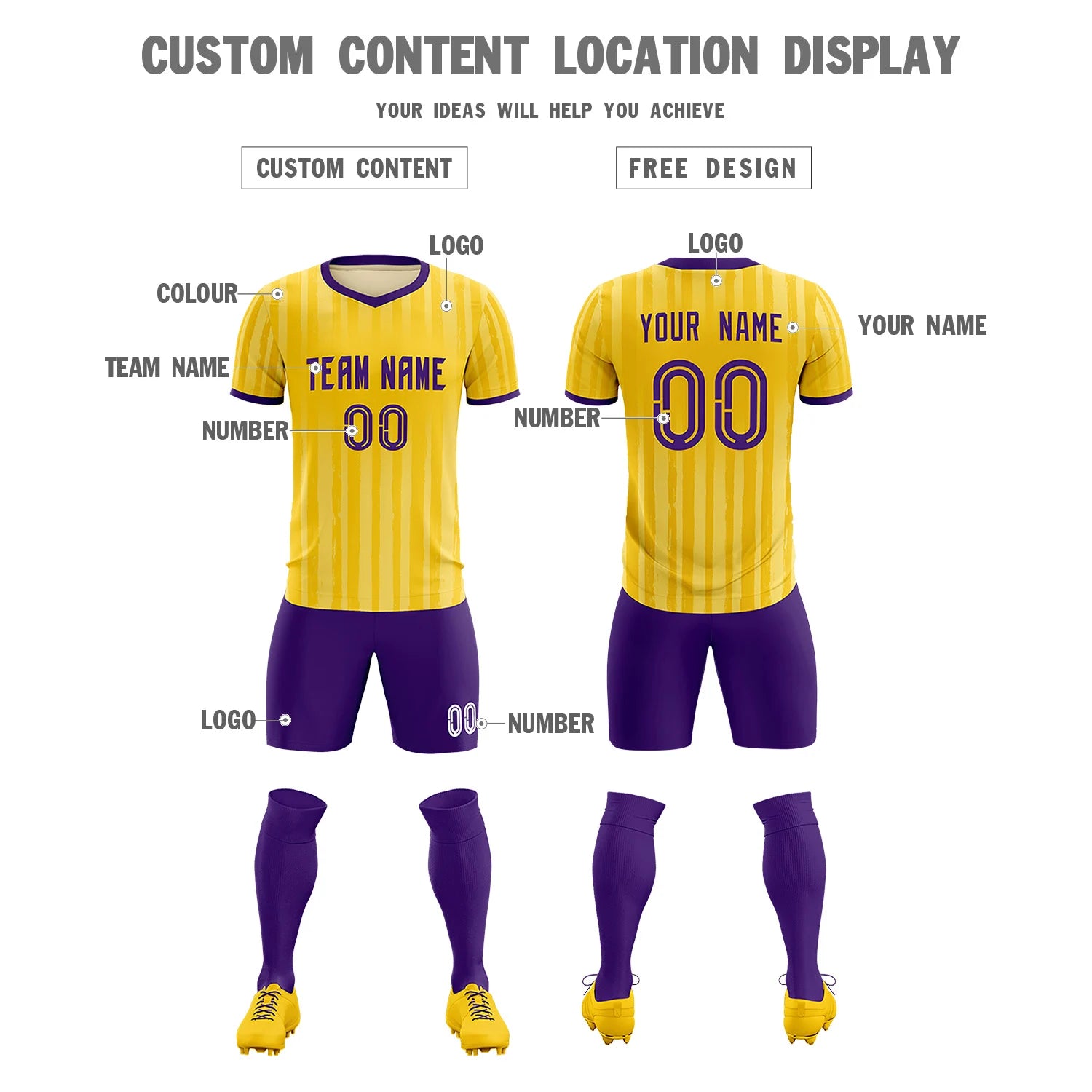 Custom Gold 01 Purple Breathable Soccer Sets Jersey