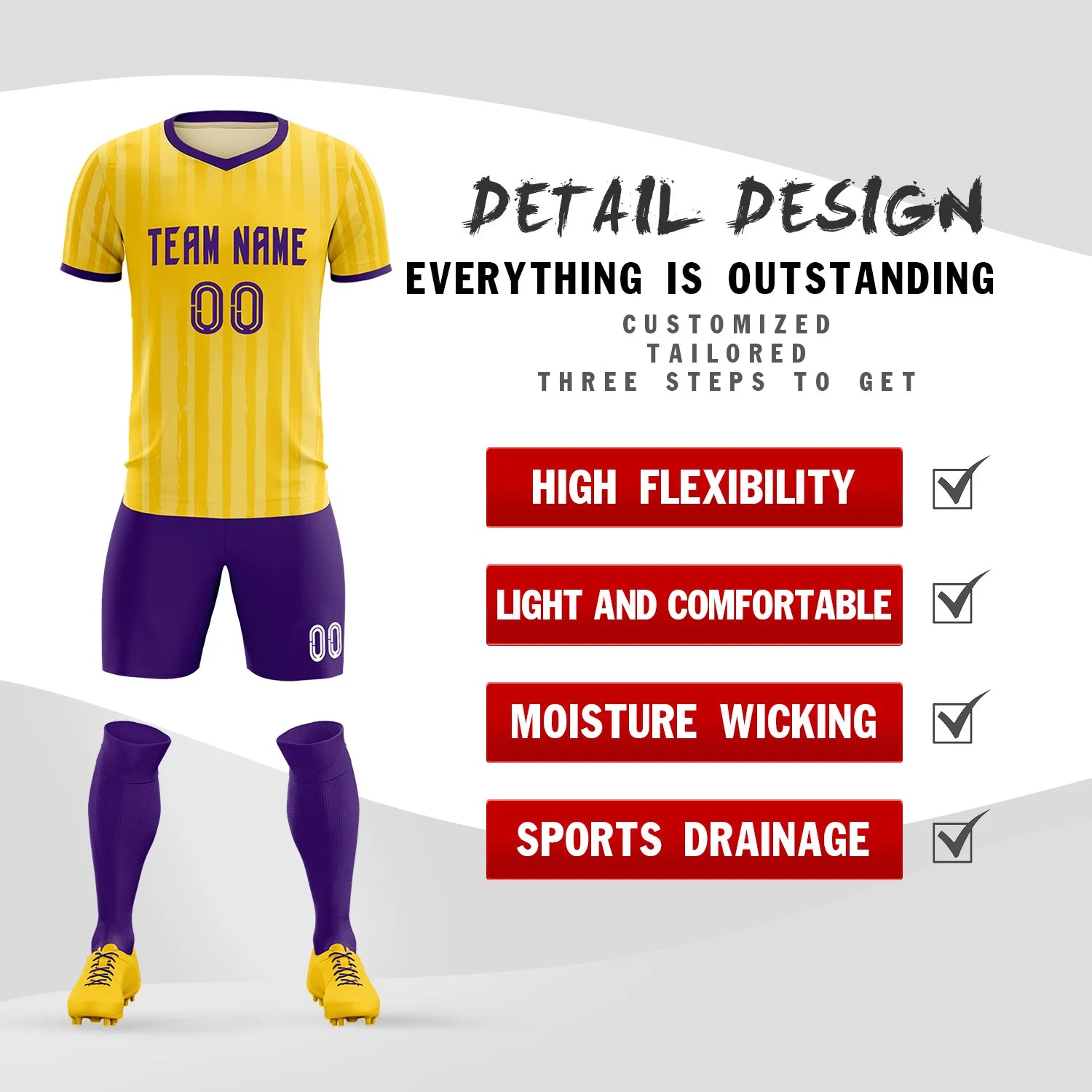 Custom Gold 01 Purple Breathable Soccer Sets Jersey