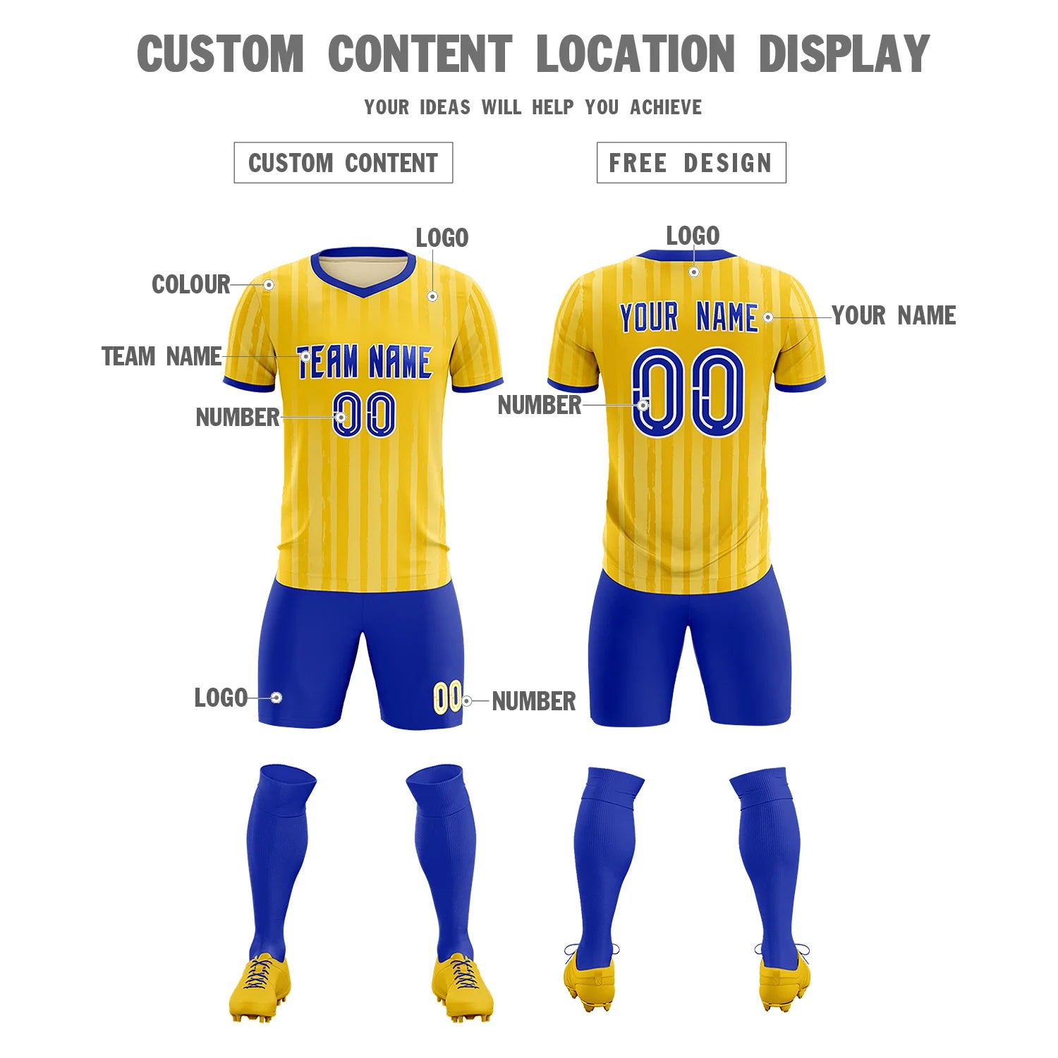 Custom Gold 01 Royal Blue Breathable Soccer Sets Jersey