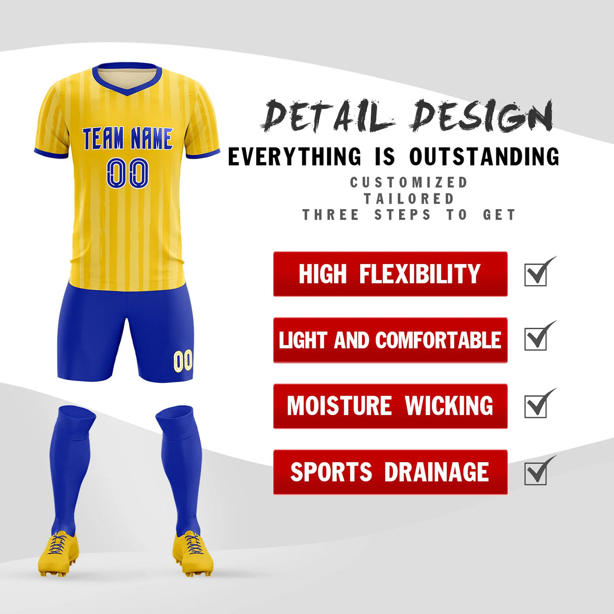 Custom Gold 01 Royal Blue Breathable Soccer Sets Jersey