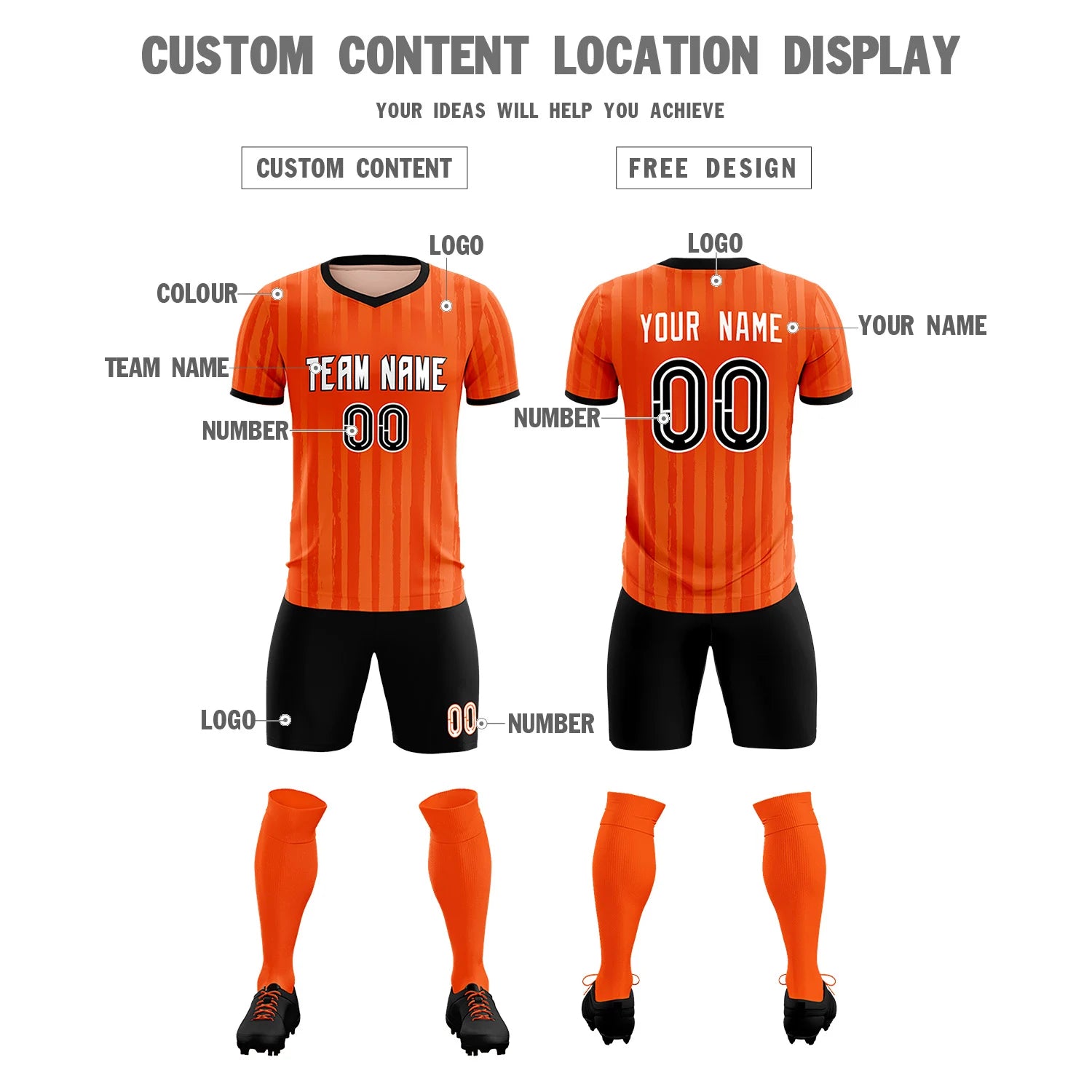 Custom Orange Black Breathable Soccer Sets Jersey