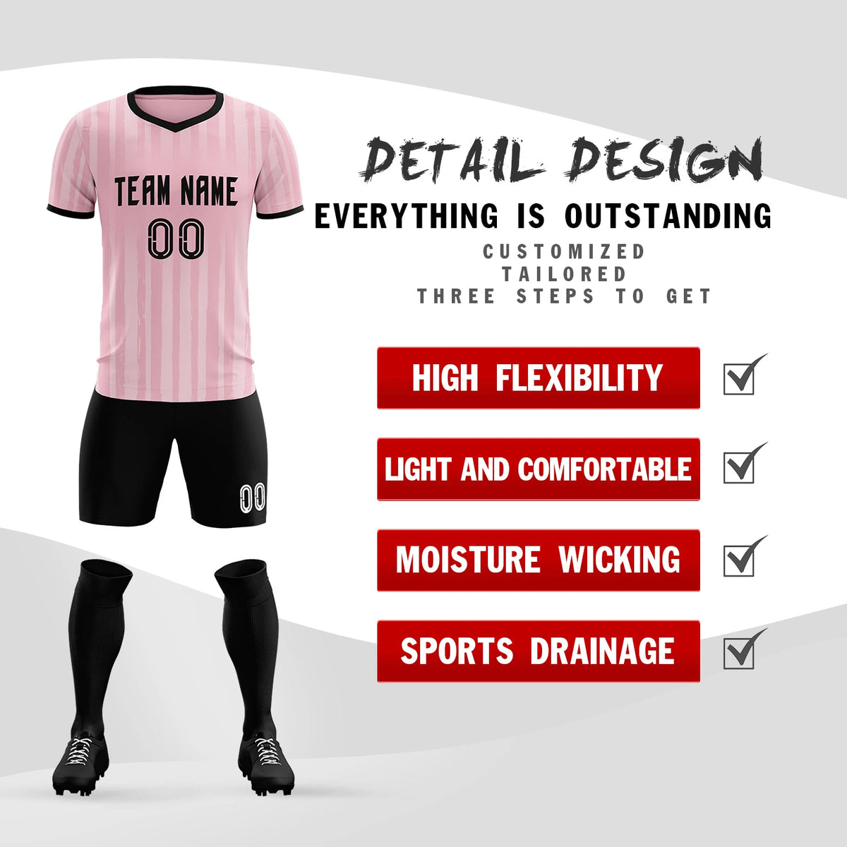 Custom Light Pink Black Breathable Soccer Sets Jersey