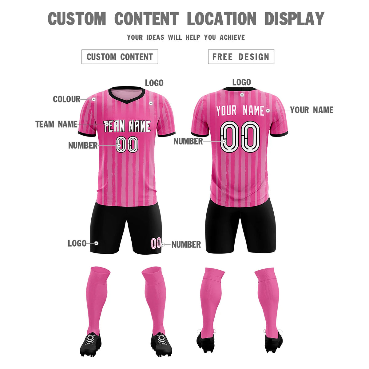 Custom Pink Black Breathable Soccer Sets Jersey