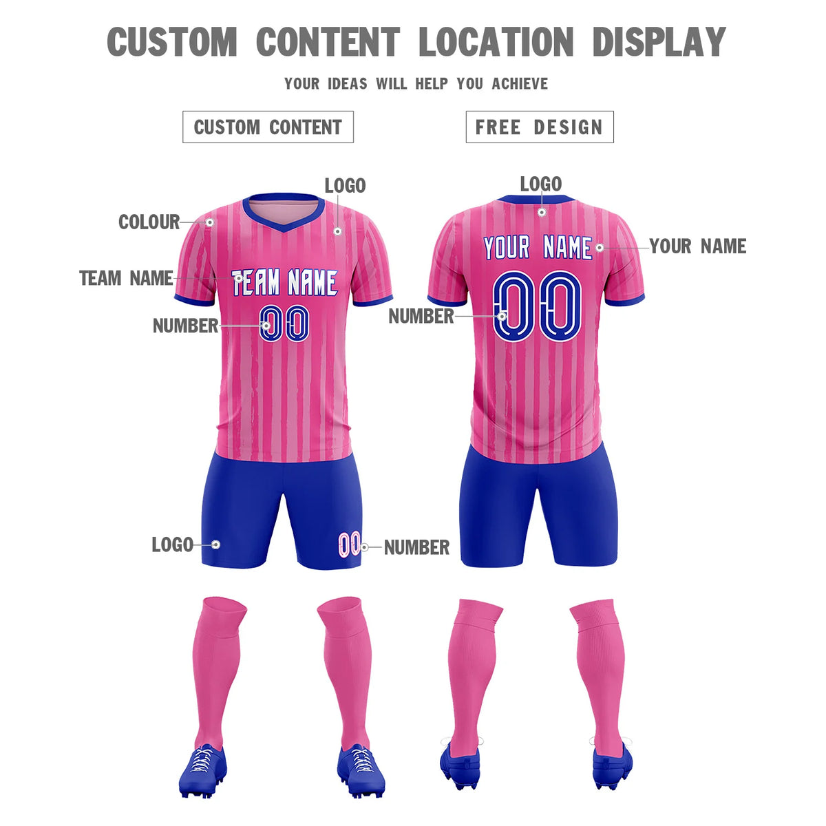 Custom Pink Royal Blue Breathable Soccer Sets Jersey