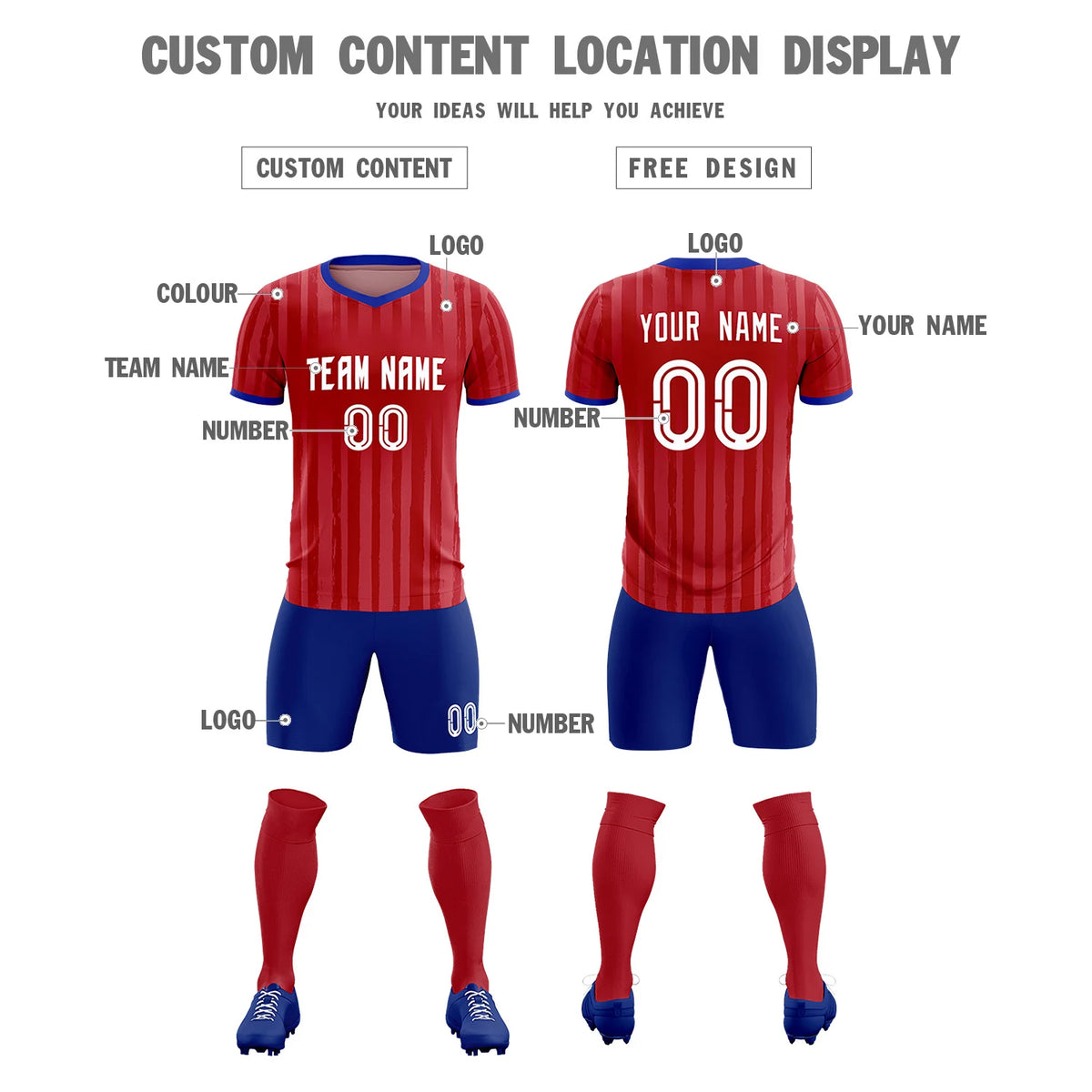 Custom Red Royal Blue Breathable Soccer Sets Jersey