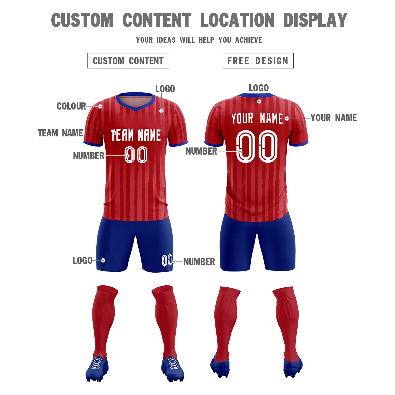 Custom Red Royal Blue Breathable Soccer Sets Jersey