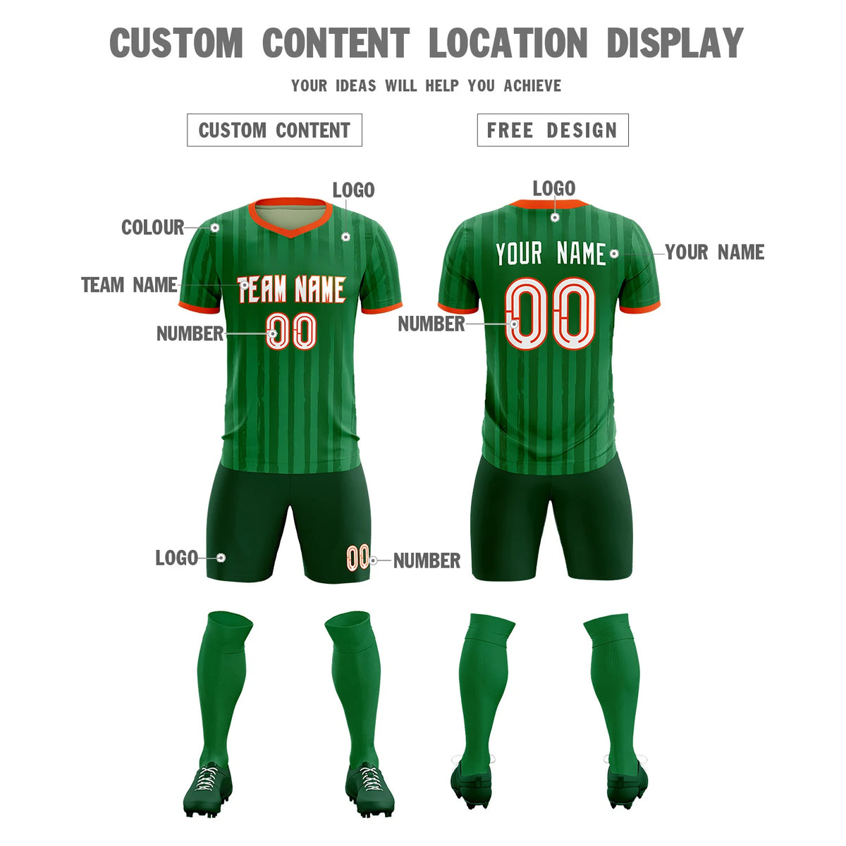 Custom Kelly Green Orange Breathable Soccer Sets Jersey