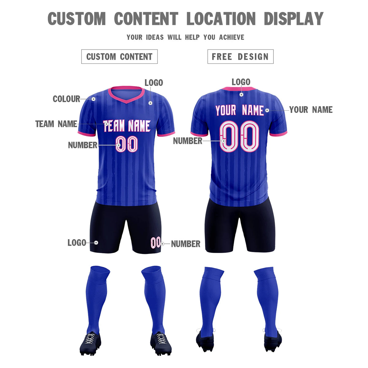 Custom Royal Blue Pink Breathable Soccer Sets Jersey