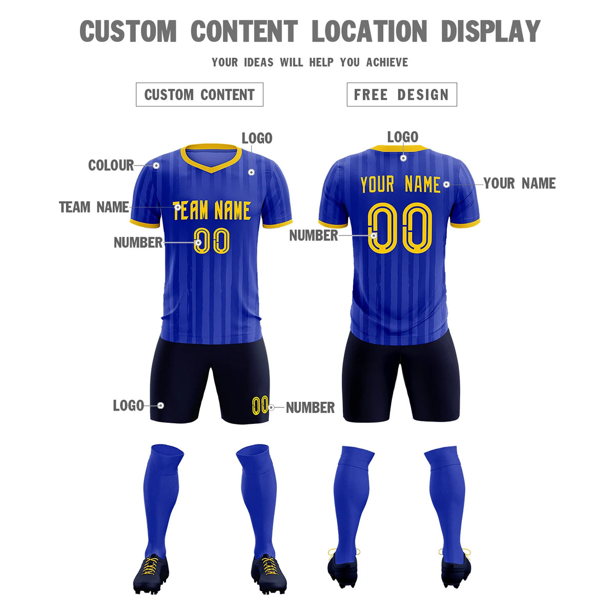 Custom Royal Blue Gold 01 Breathable Soccer Sets Jersey