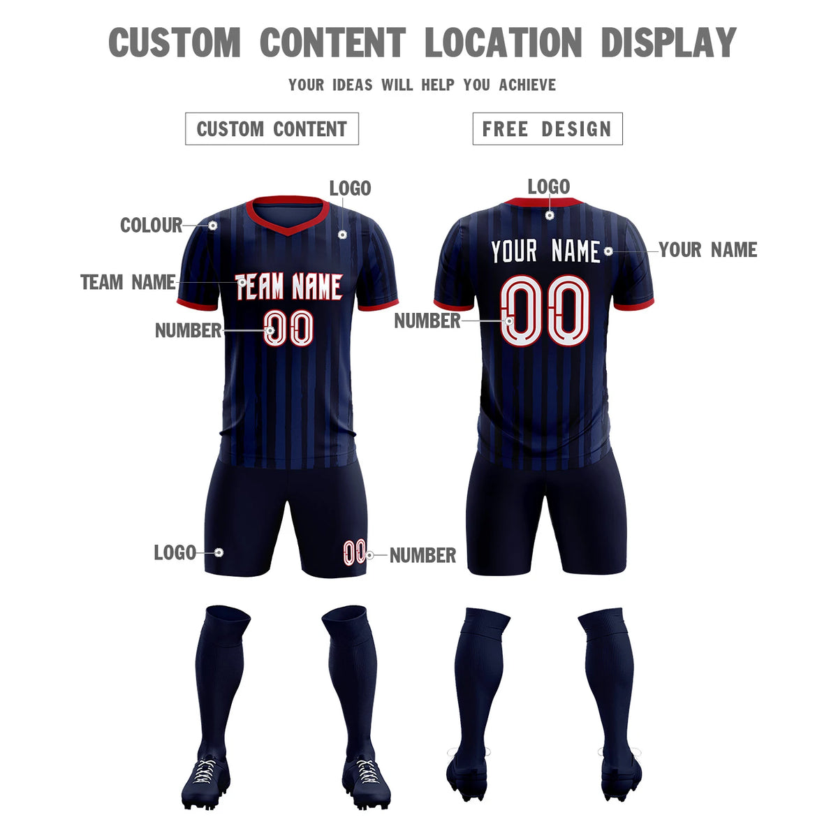 Custom Navy Red Breathable Soccer Sets Jersey