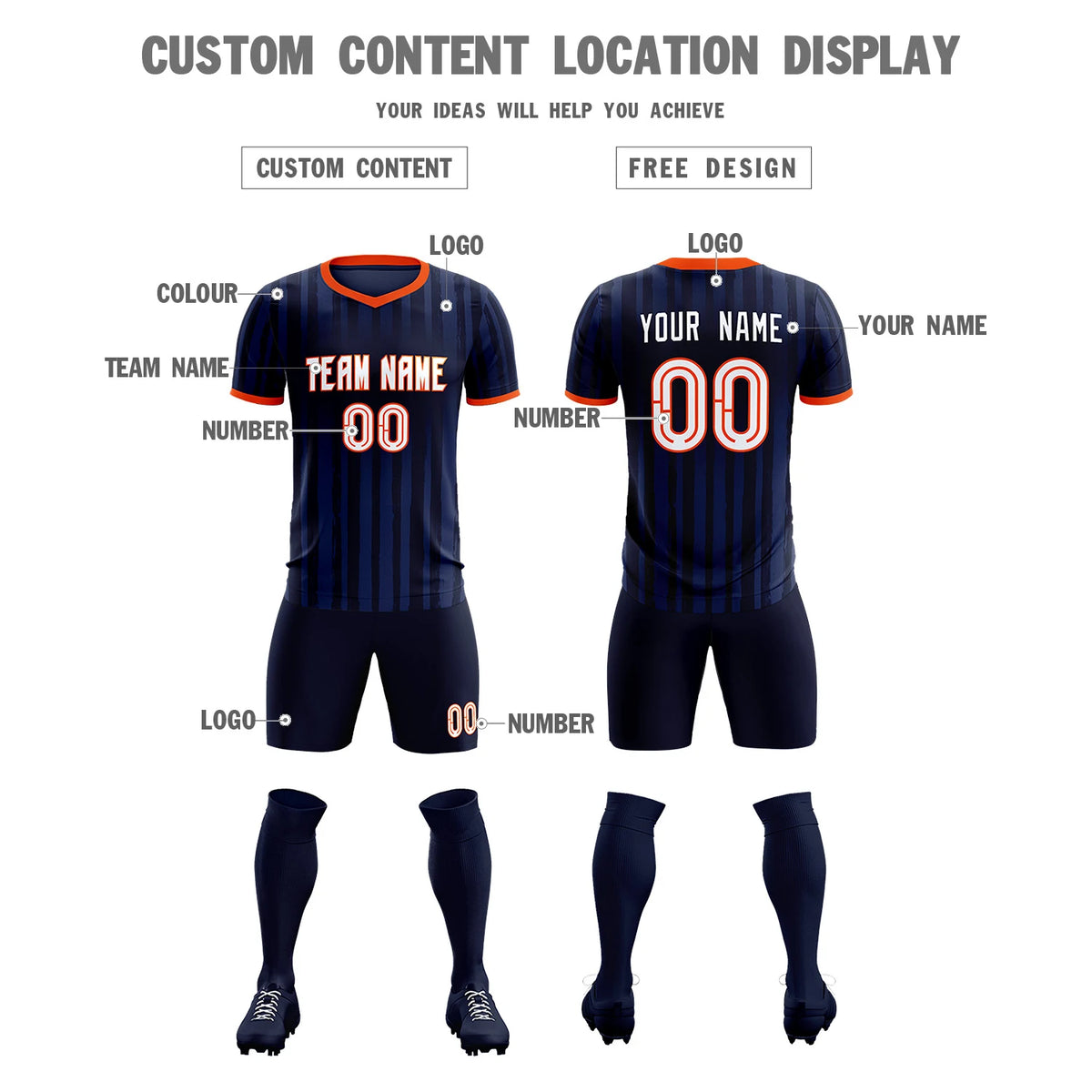 Custom Navy Orange Breathable Soccer Sets Jersey