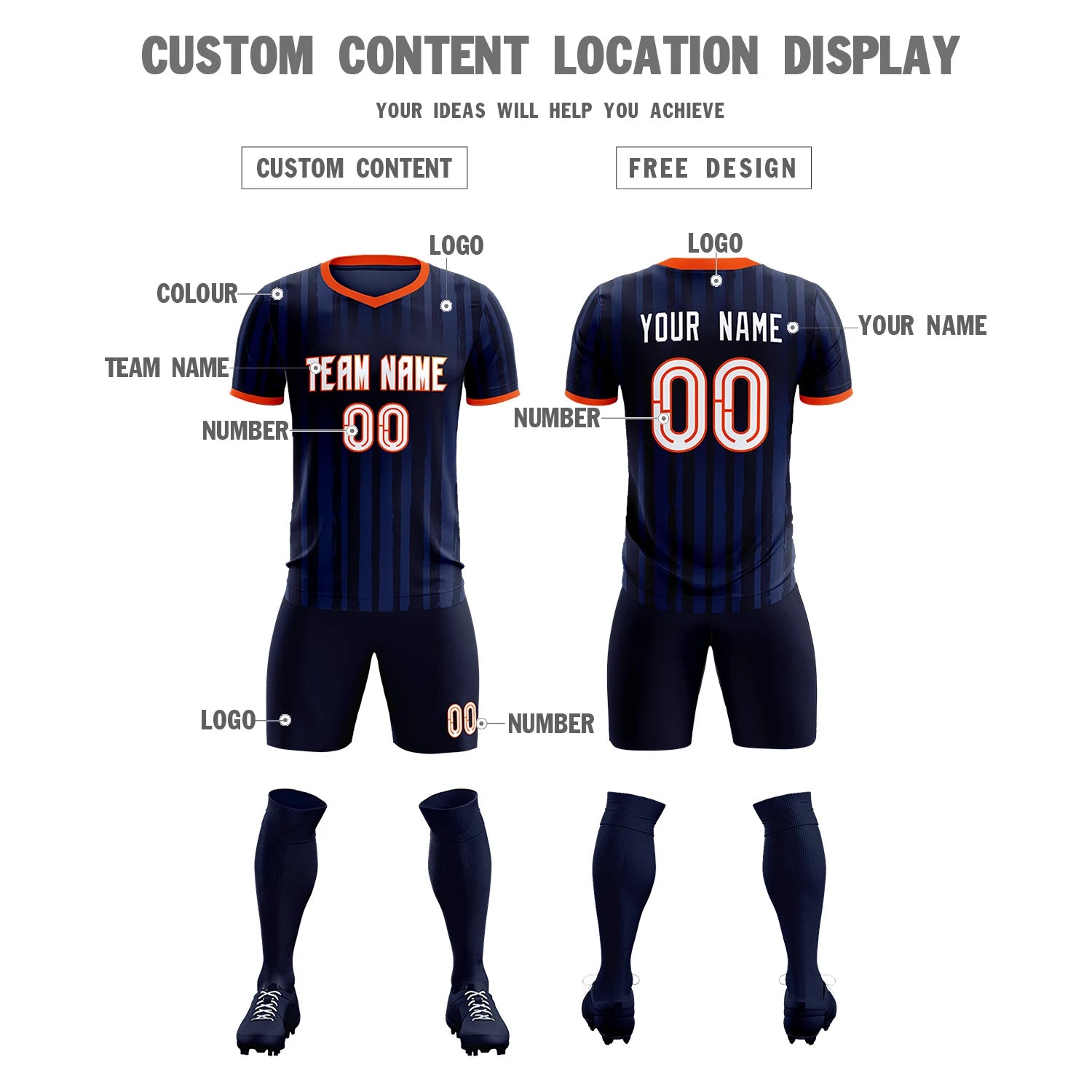 Custom Navy Orange Breathable Soccer Sets Jersey