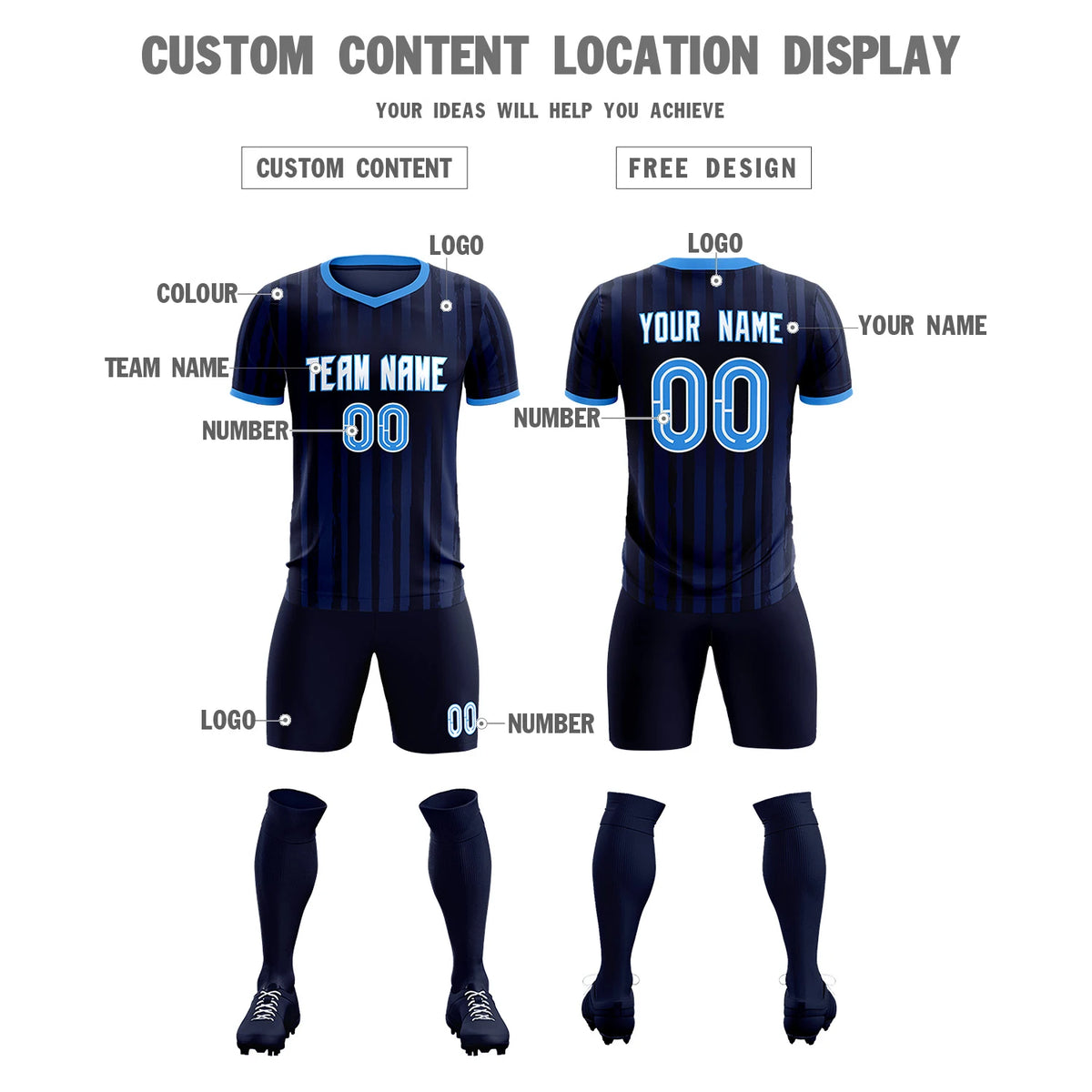 Custom Navy Powder Blue Breathable Soccer Sets Jersey