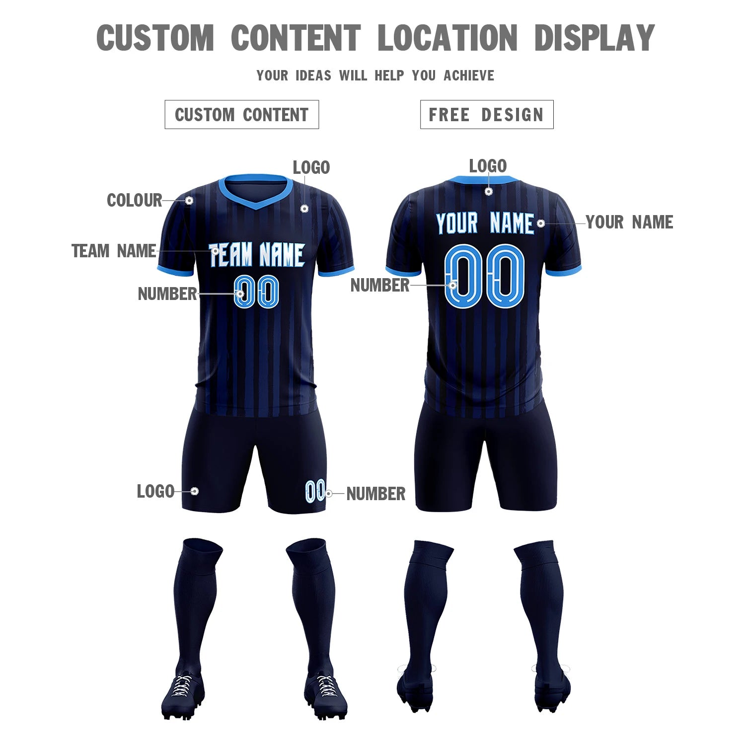 Custom Navy Powder Blue Breathable Soccer Sets Jersey