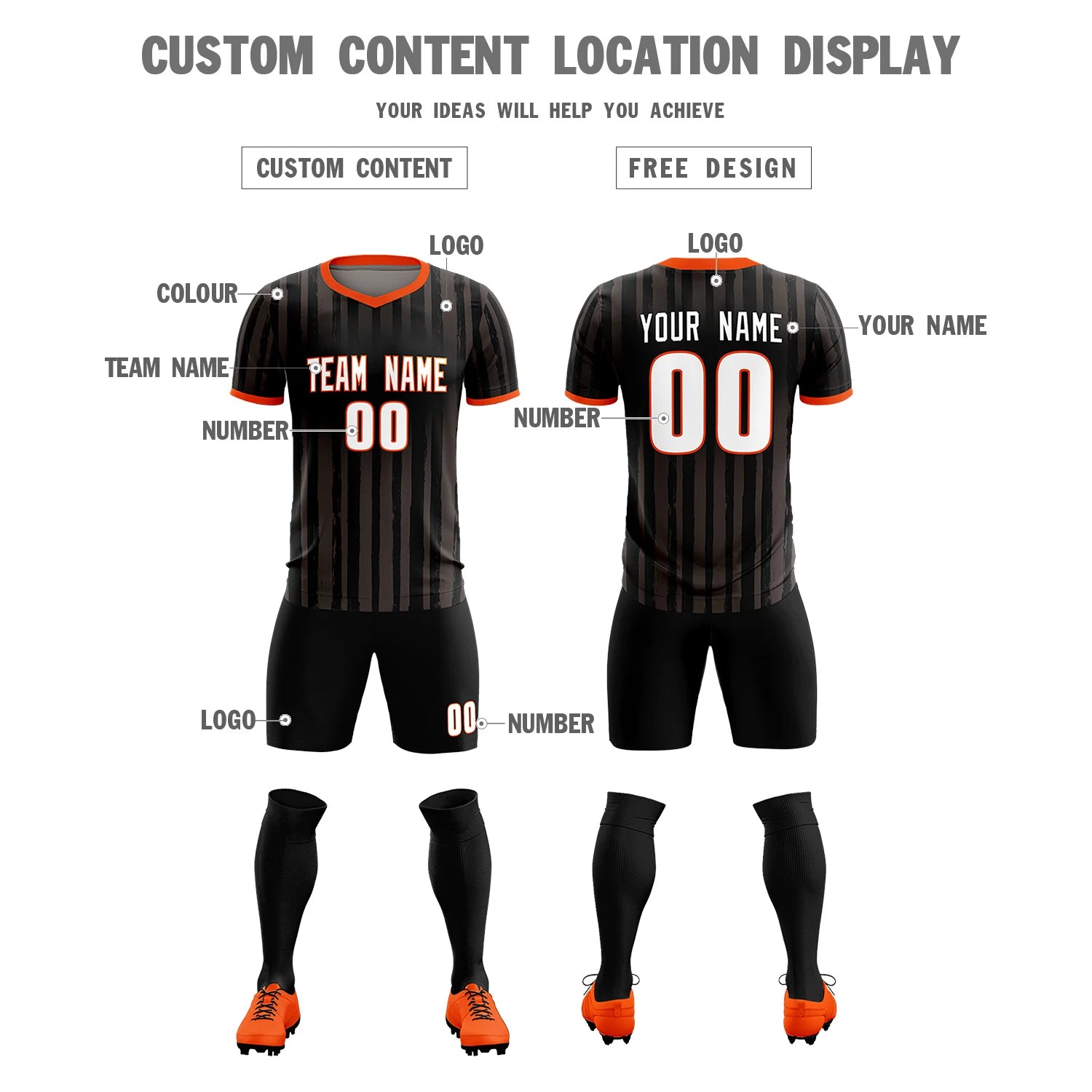 Custom Black Orange Breathable Soccer Sets Jersey