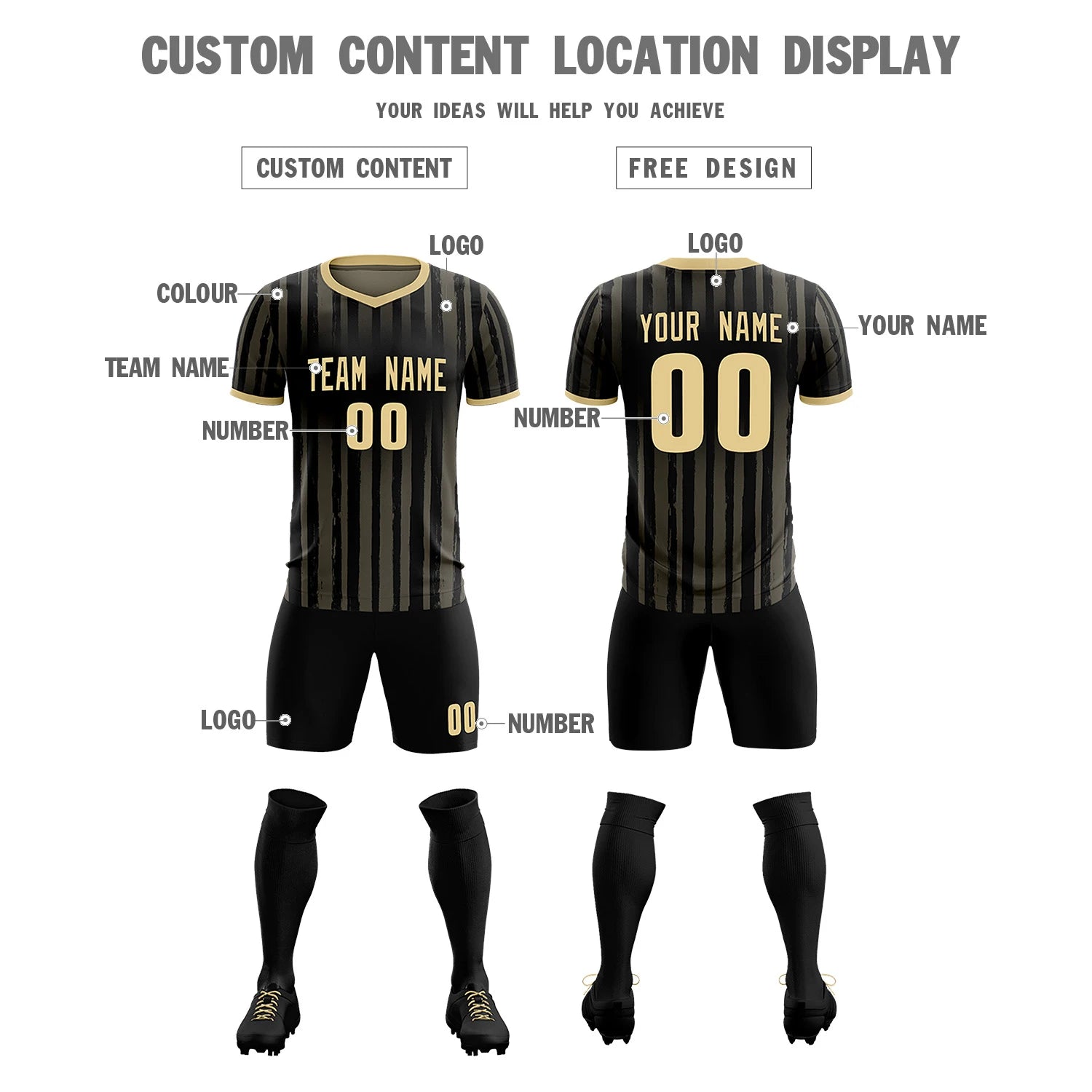 Custom Black Khaki Breathable Soccer Sets Jersey