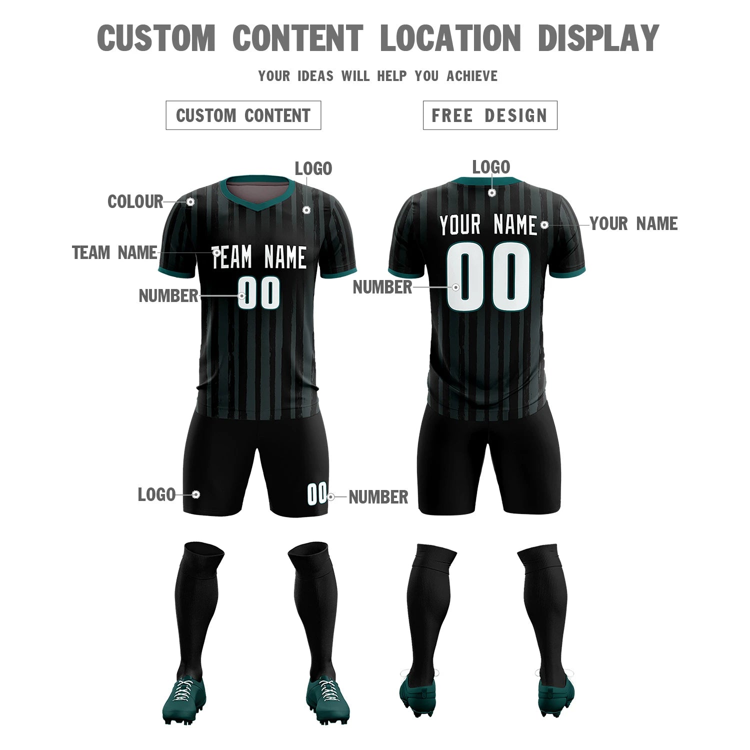 Custom Black Midnight Green Breathable Soccer Sets Jersey