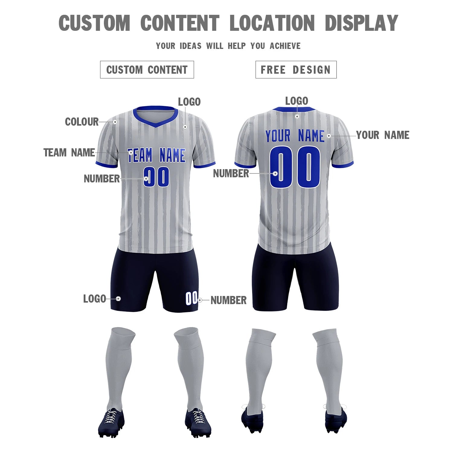 Custom Gray Royal Blue Breathable Soccer Sets Jersey