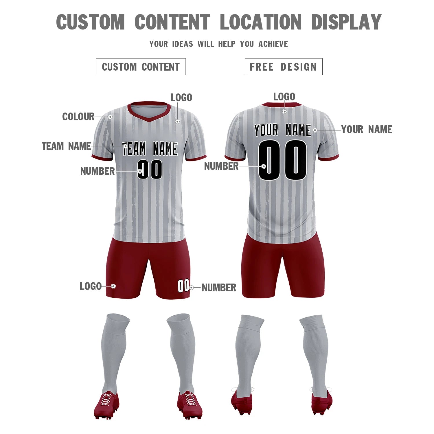 Custom Gray Crimson Breathable Soccer Sets Jersey