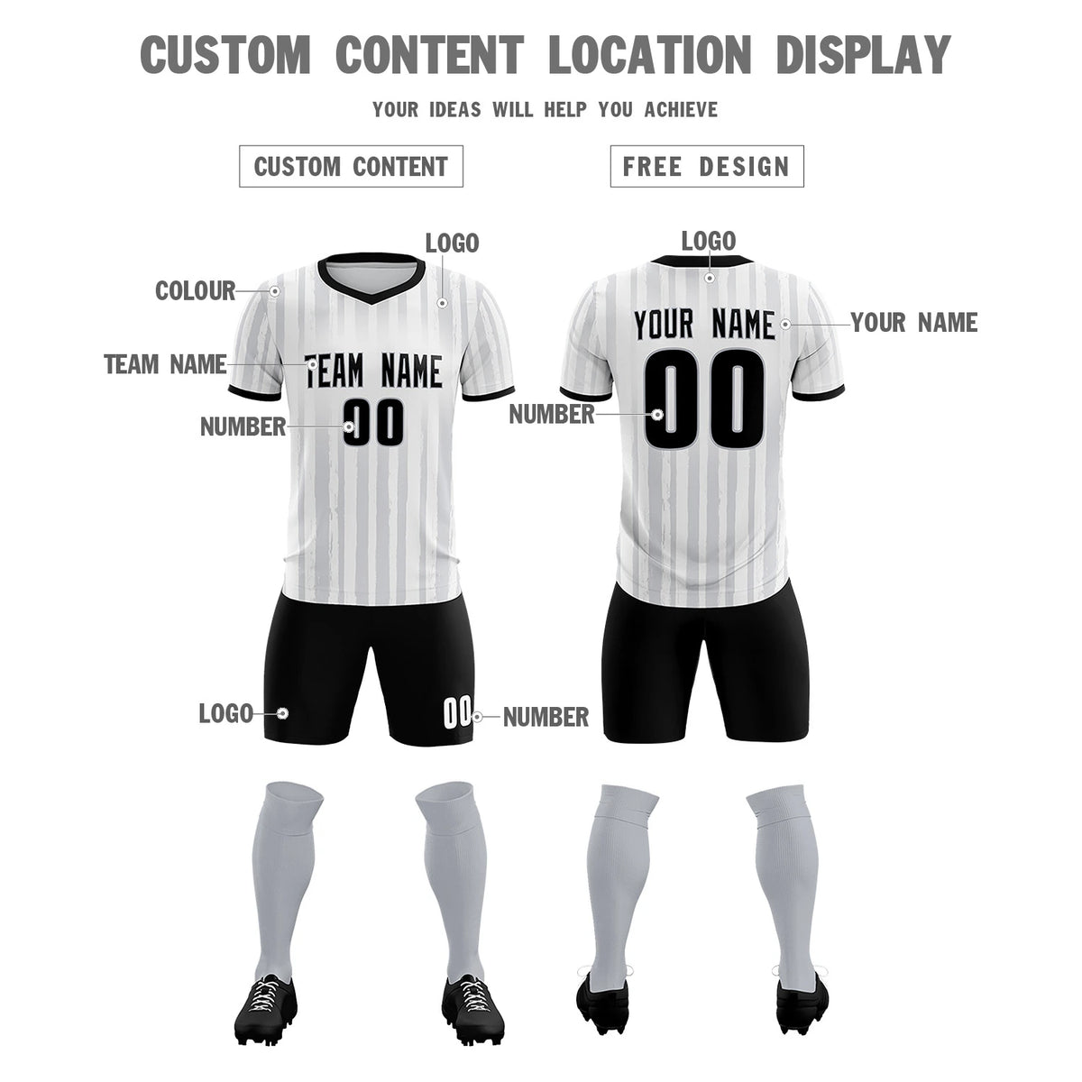 Custom White Black Breathable Soccer Sets Jersey