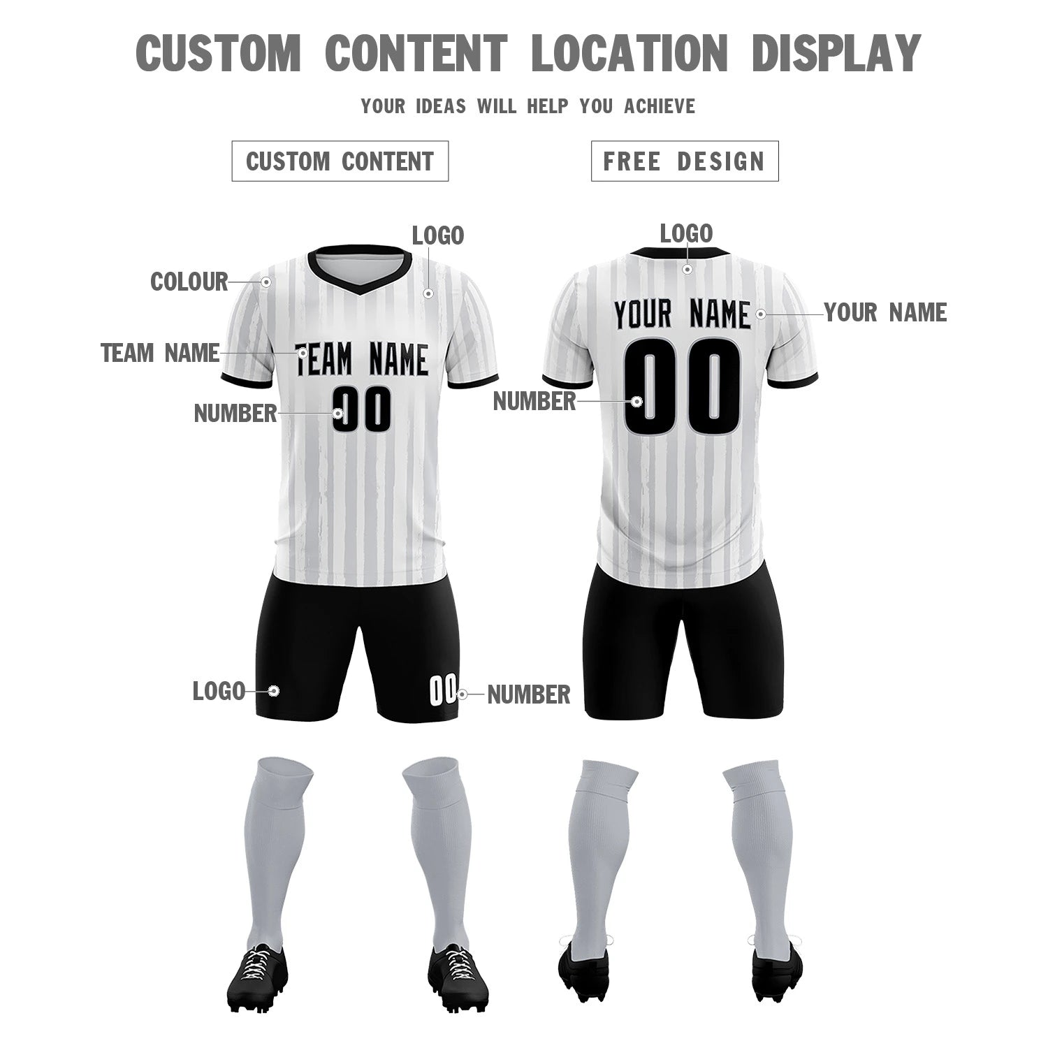 Custom White Black Breathable Soccer Sets Jersey