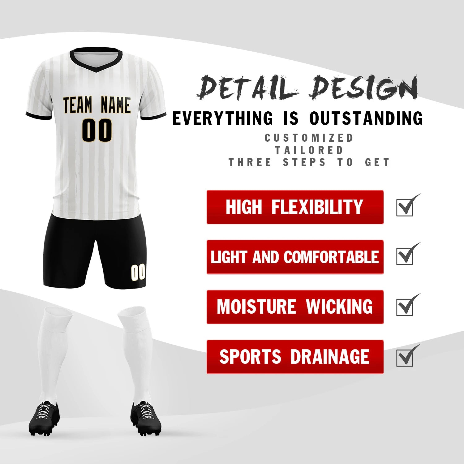 Custom White Black Breathable Soccer Sets Jersey