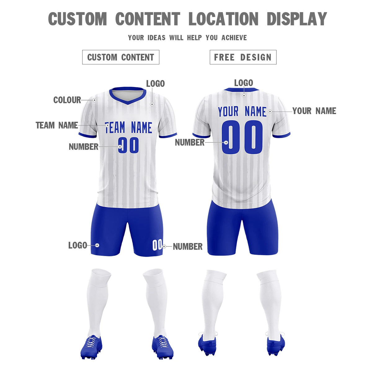 Custom White Royal Blue Breathable Soccer Sets Jersey
