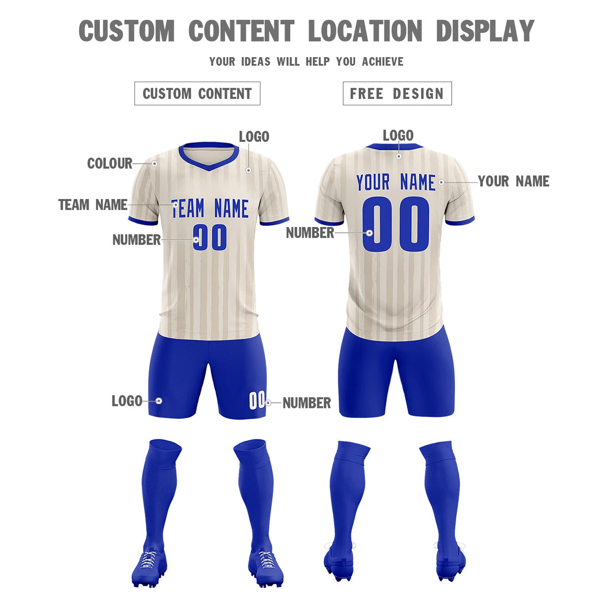 Custom Khaki Royal Blue Breathable Soccer Sets Jersey