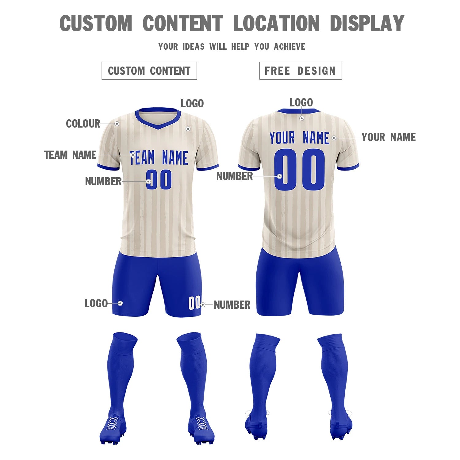 Custom Khaki Royal Blue Breathable Soccer Sets Jersey