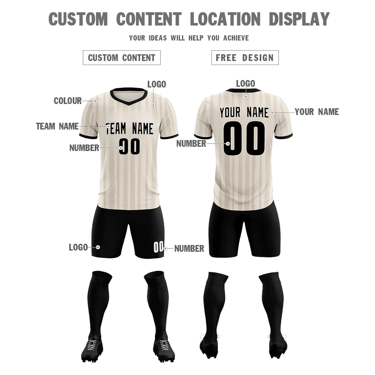 Custom Khaki Black Breathable Soccer Sets Jersey