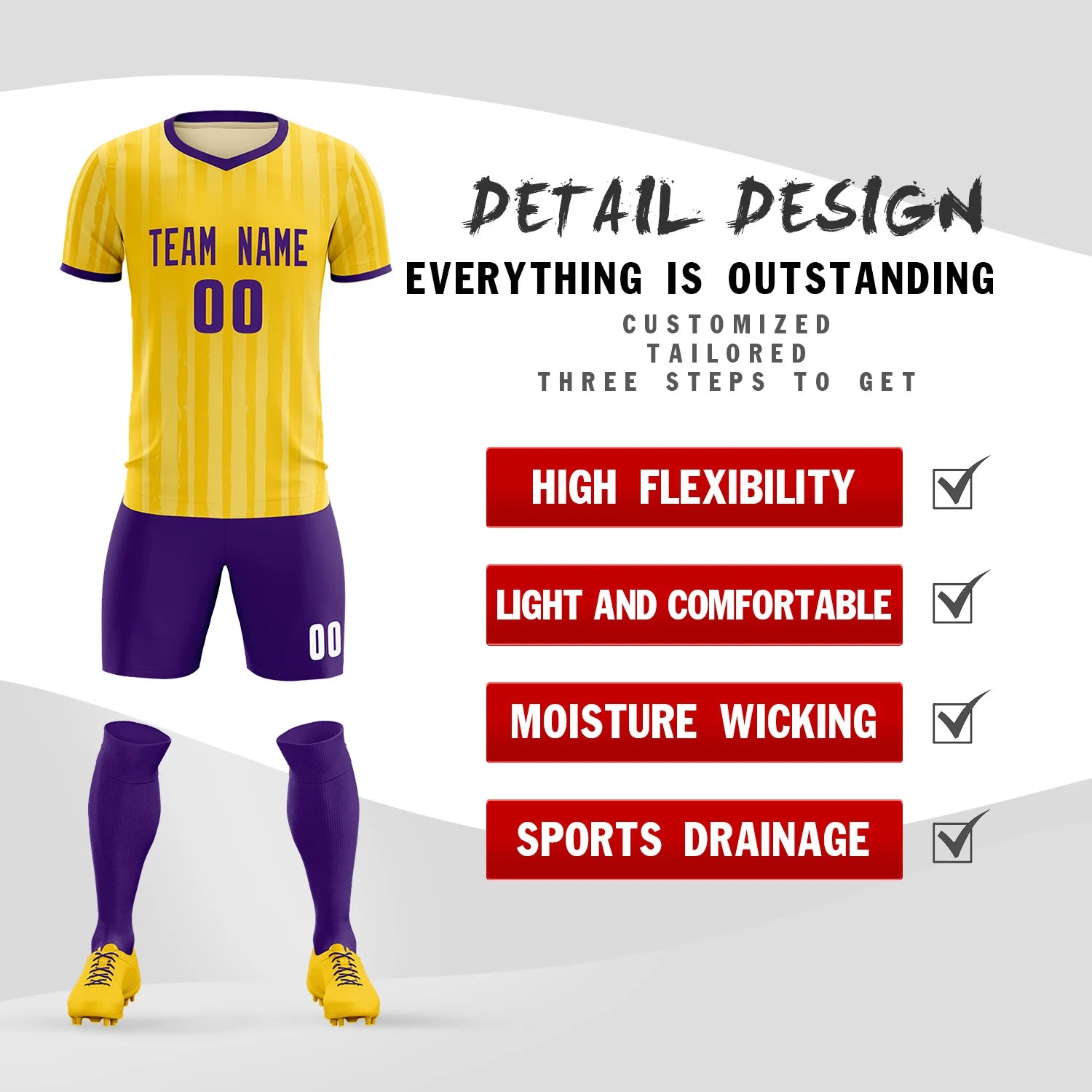 Custom Gold 01 Purple Breathable Soccer Sets Jersey