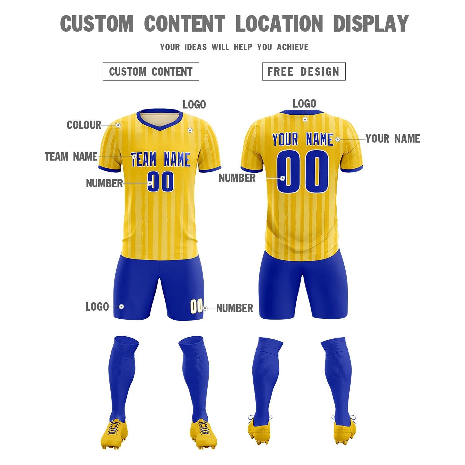 Custom Gold 01 Royal Blue Breathable Soccer Sets Jersey