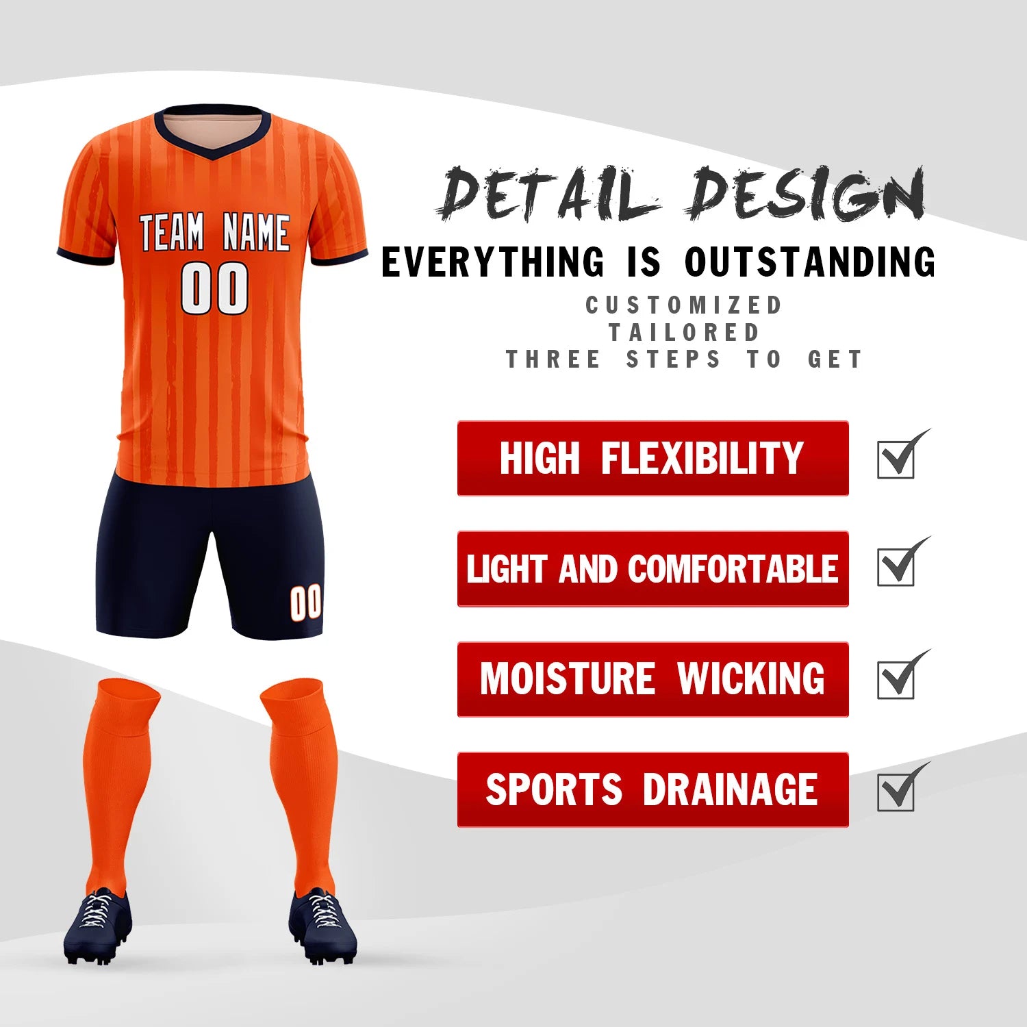 Custom Orange Navy Breathable Soccer Sets Jersey