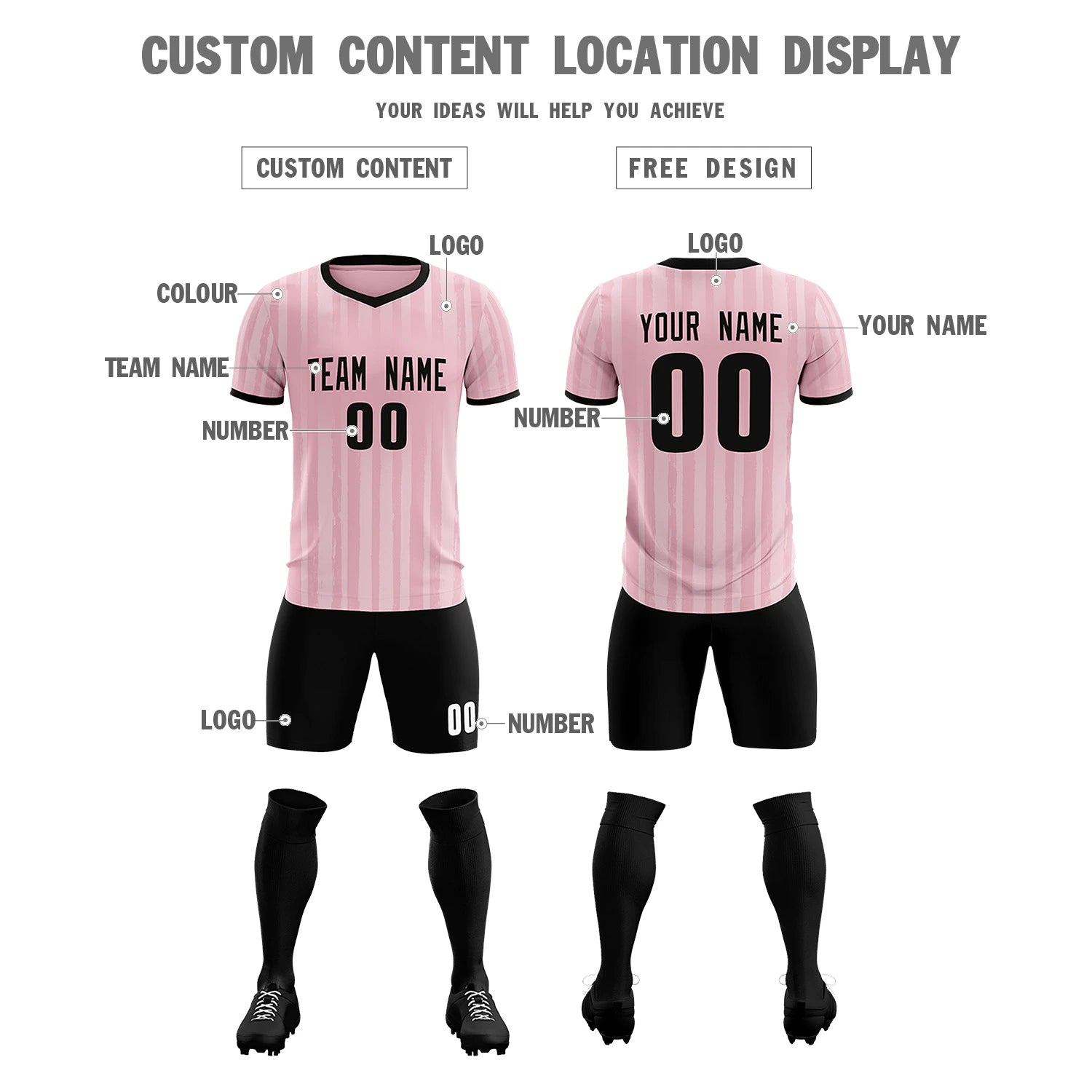 Custom Light Pink Black Breathable Soccer Sets Jersey