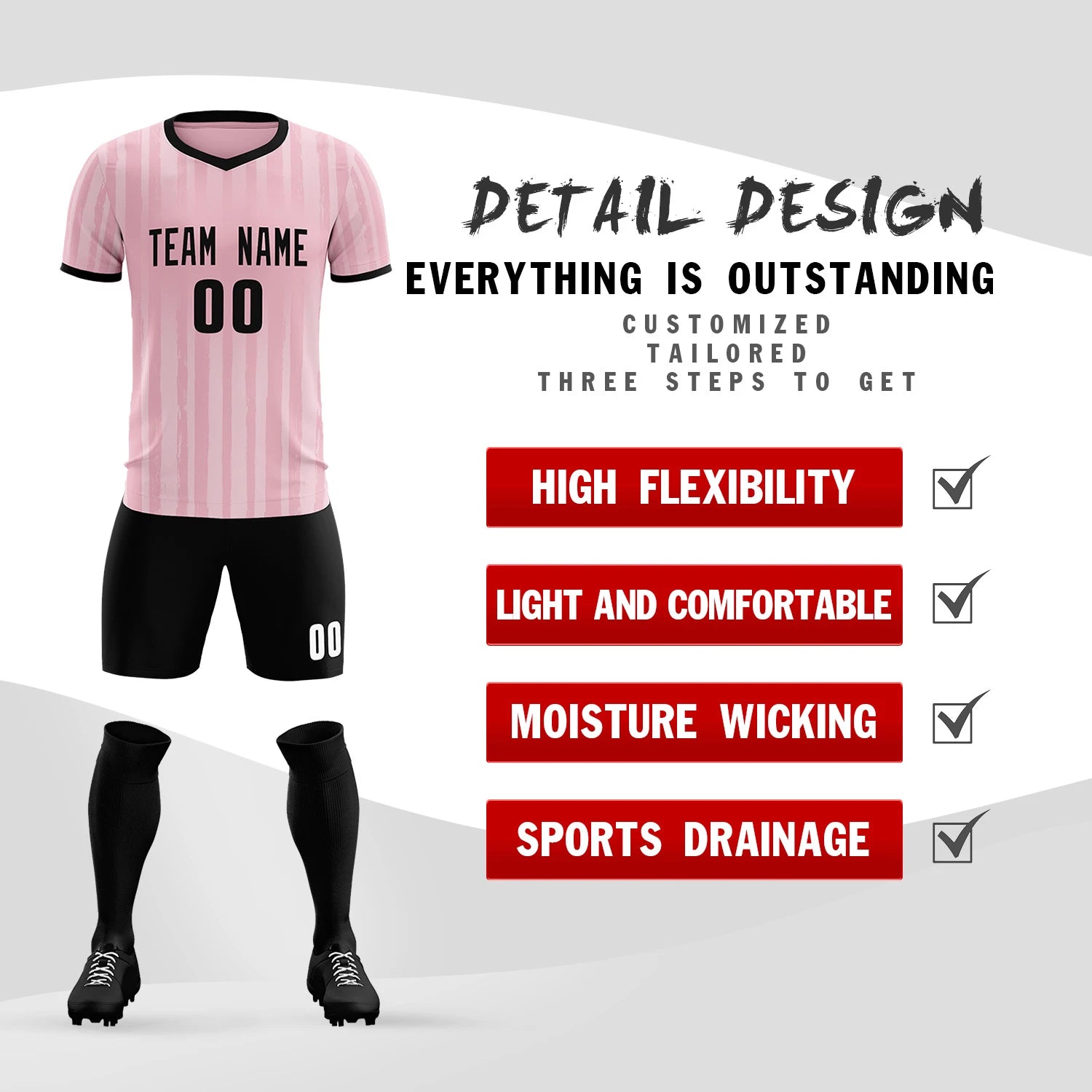 Custom Light Pink Black Breathable Soccer Sets Jersey