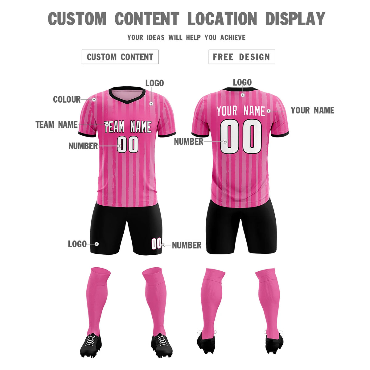 Custom Pink Black Breathable Soccer Sets Jersey