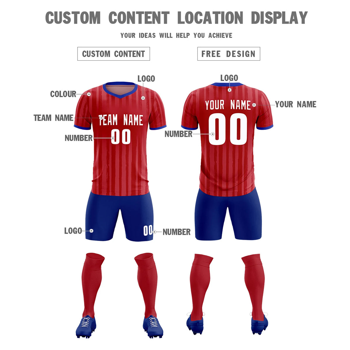 Custom Red Royal Blue Breathable Soccer Sets Jersey