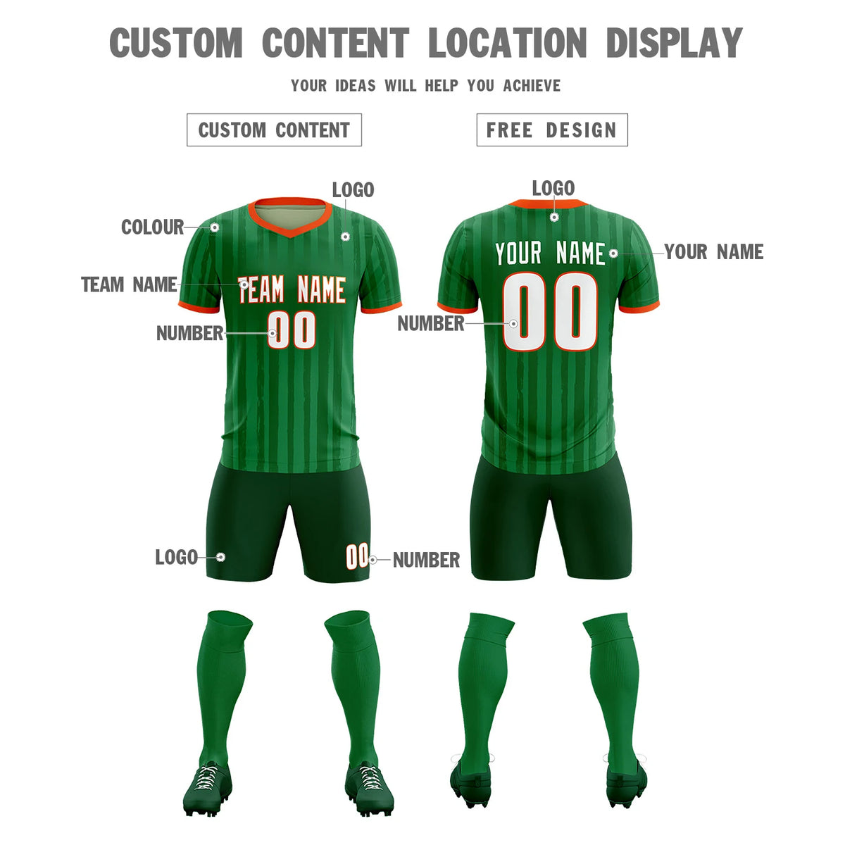 Custom Kelly Green Orange Breathable Soccer Sets Jersey