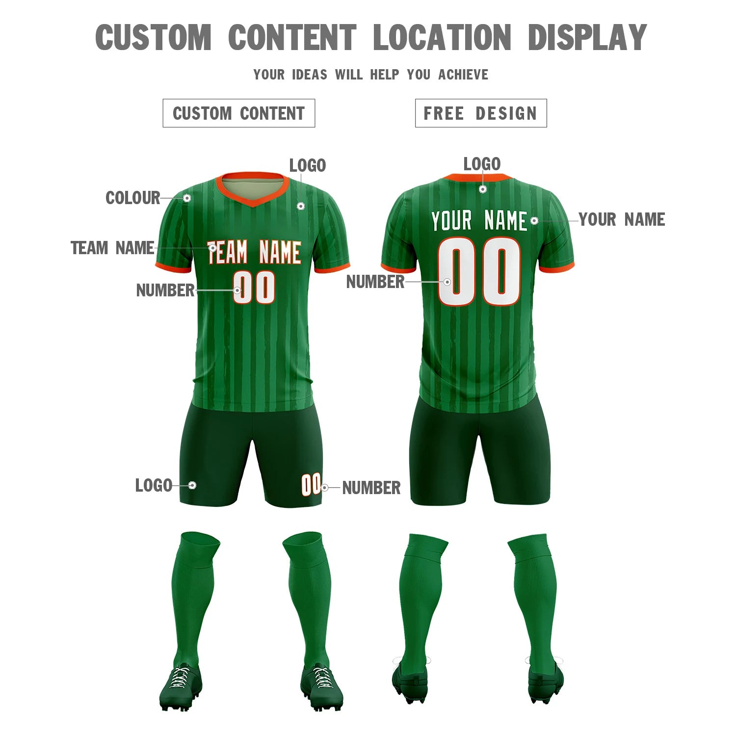 Custom Kelly Green Orange Breathable Soccer Sets Jersey