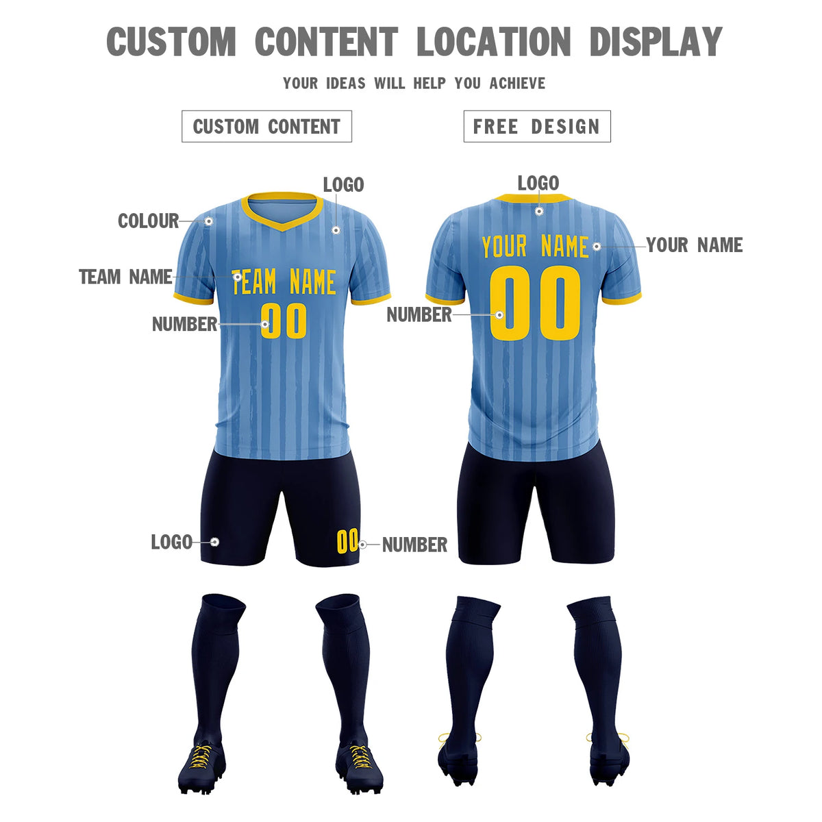 Custom Light Blue Gold 01 Breathable Soccer Sets Jersey