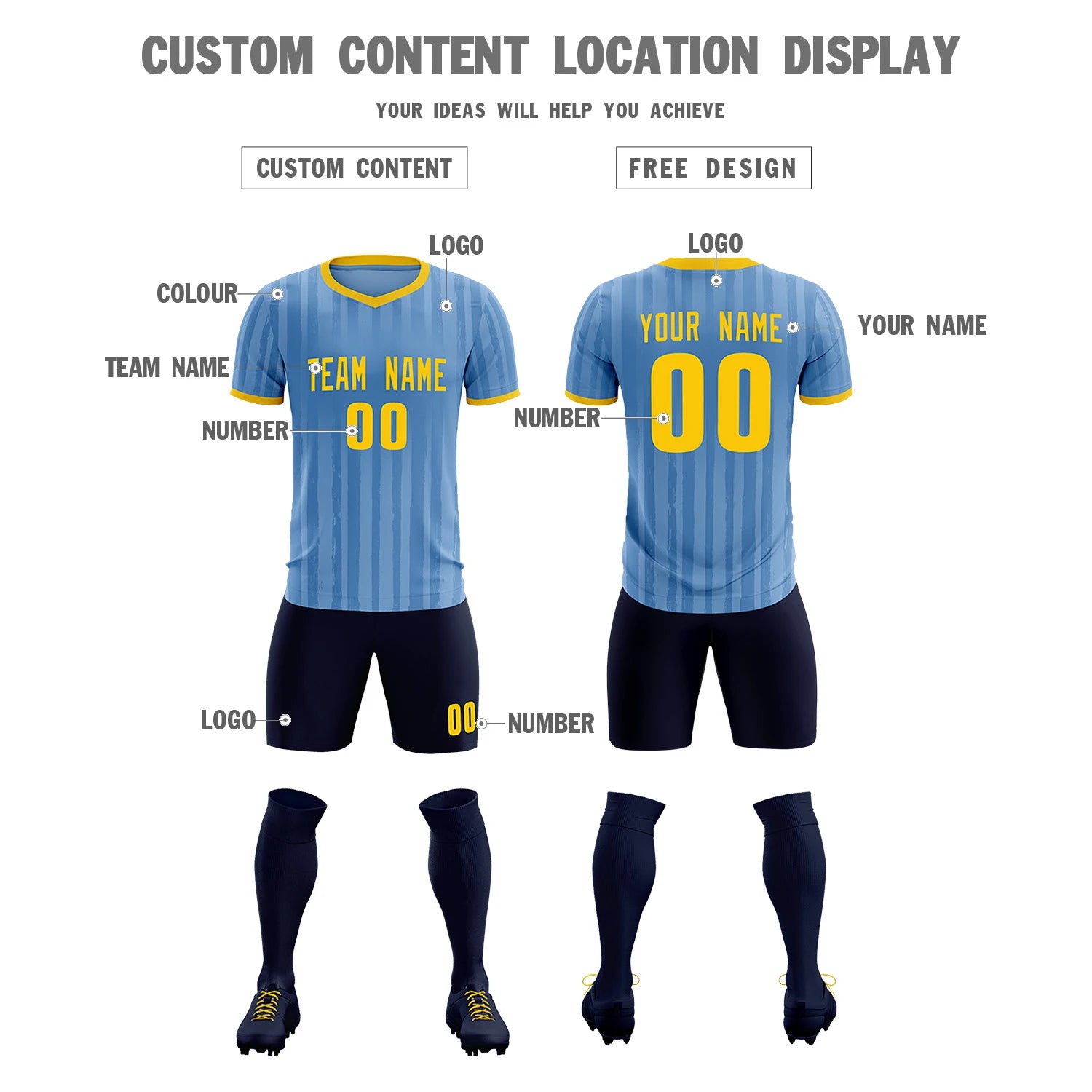 Custom Light Blue Gold 01 Breathable Soccer Sets Jersey