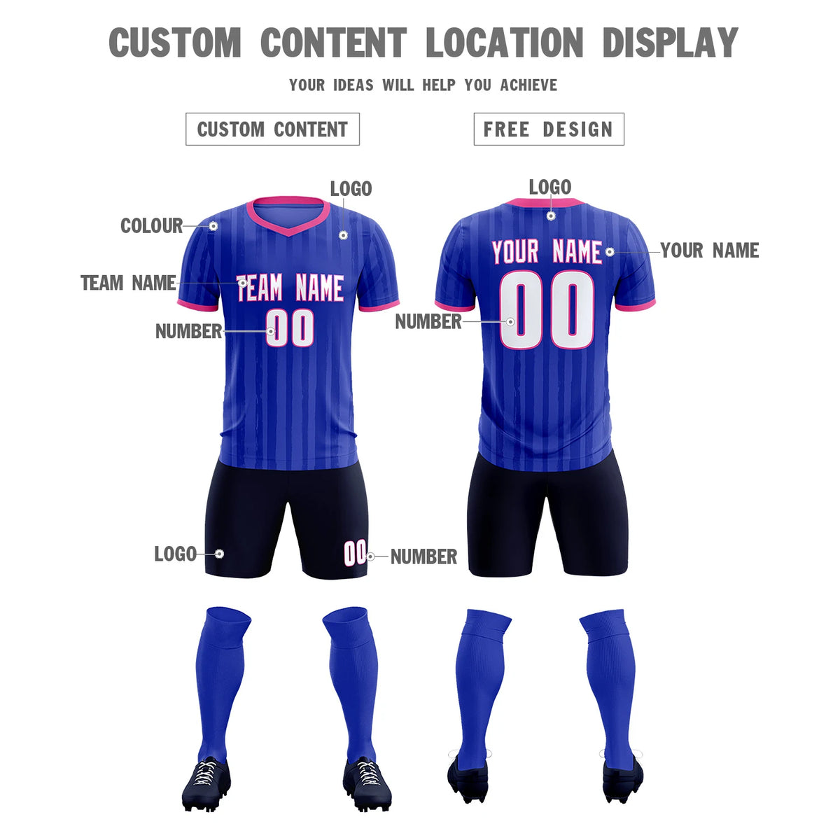 Custom Royal Blue Pink Breathable Soccer Sets Jersey