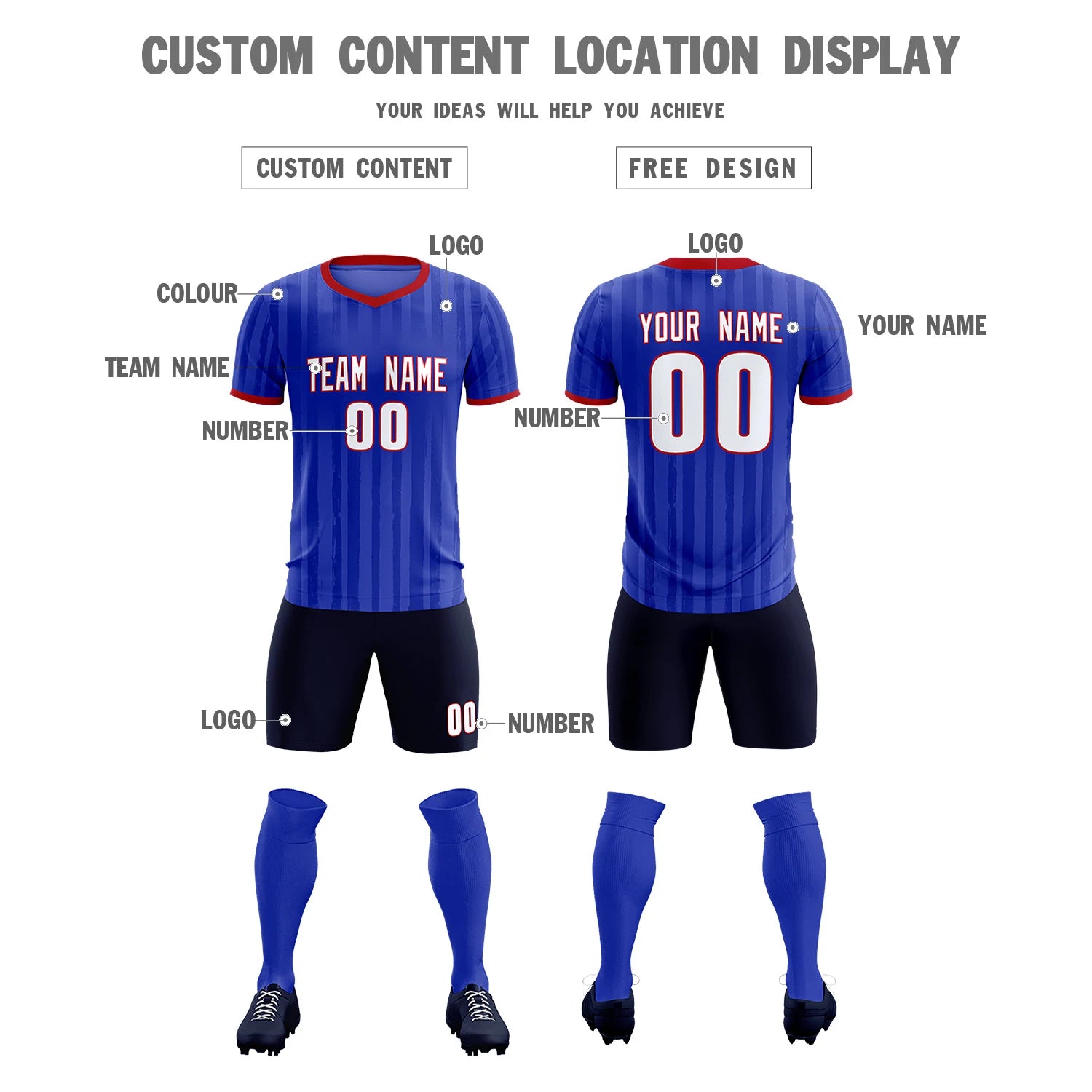 Custom Royal Blue Red Breathable Soccer Sets Jersey