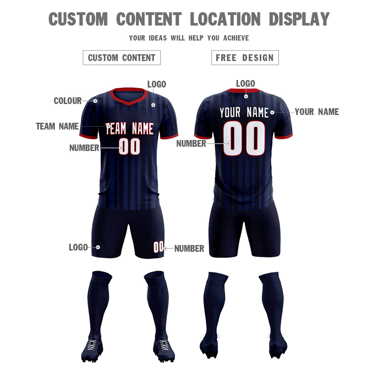 Custom Navy Red Breathable Soccer Sets Jersey