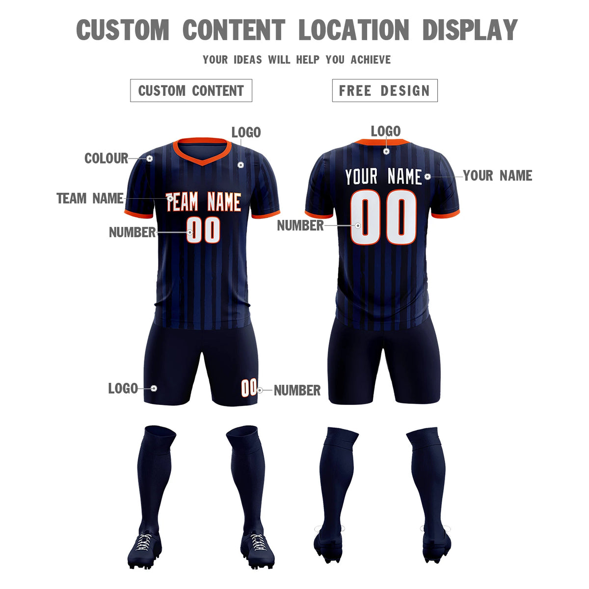 Custom Navy Orange Breathable Soccer Sets Jersey